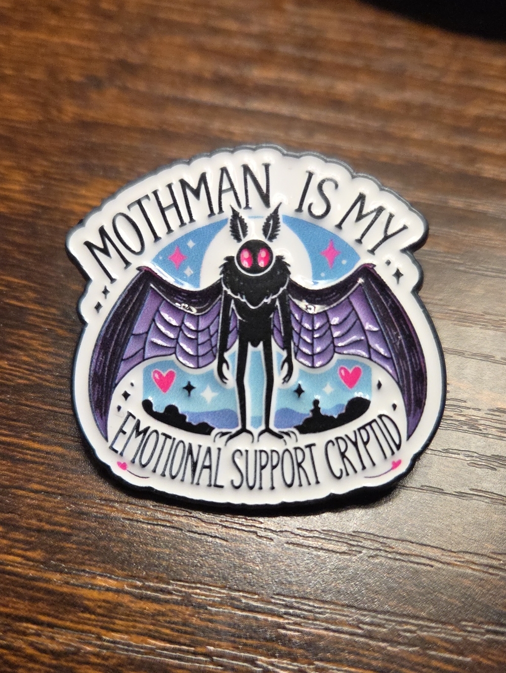 Mothman Is My Emotional Support Cryptid Enamel Pin - Purple/Black